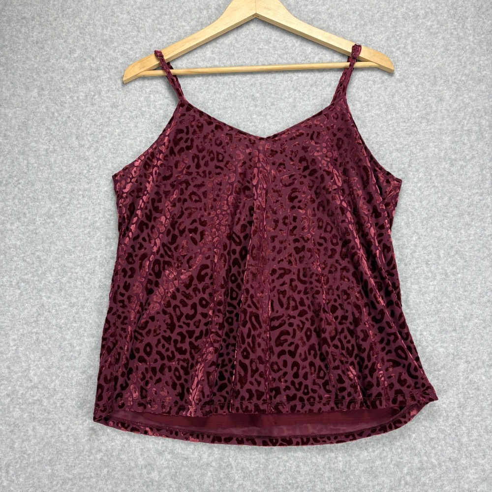 Kori America Cami‎ Tank Womens M Burgundy Velvet Leopard Print Burnout Boho Chic